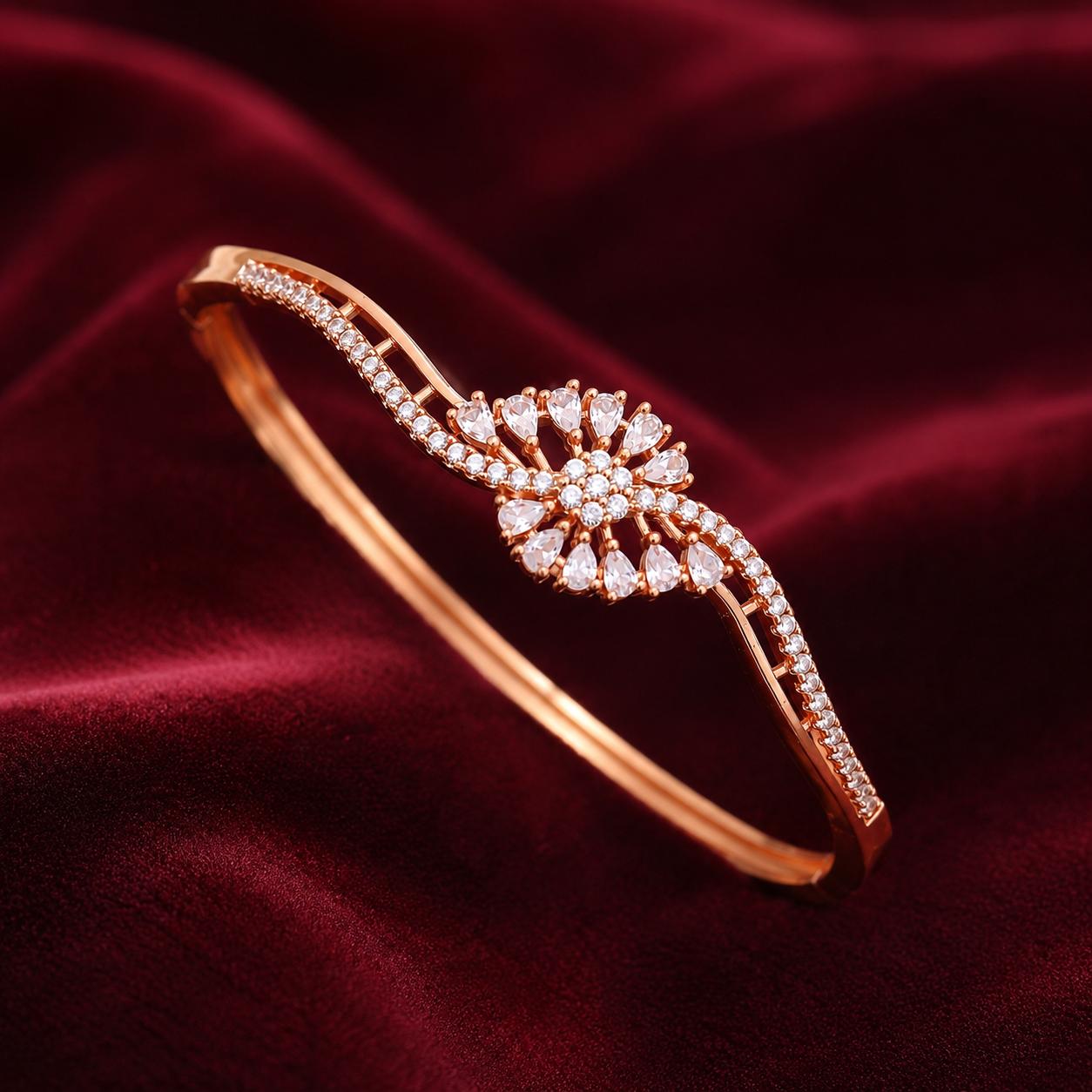 Forevershine Rose Gold Plated Cz Studded Floral Openable Bracelet Kada For Women | Cubic Zirconia Designer Bangle | Party Wedding Jewellery - Image 6