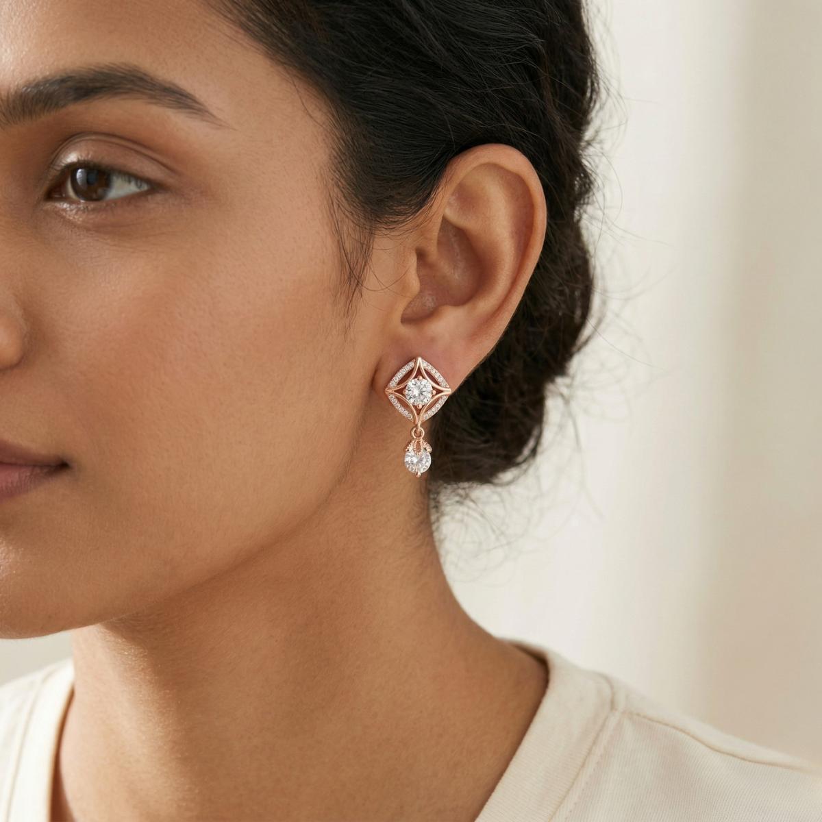 Forevershine Rose Gold Plated Cubic Zirconia Geometric Frame Earrings For Women | Elegant Crystal Dangle Designer Statement Earrings For Party, Wedding, Anniversary, Evening Event Fashion Modern - Image 2