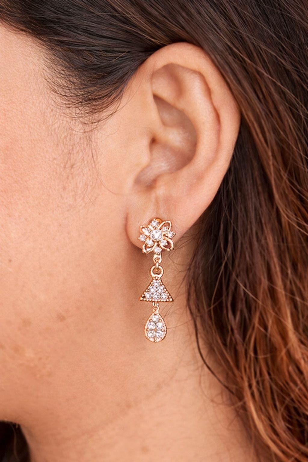 Forevershine Rose Gold Plated Cubic Zirconia Cz Studded Drop Earrings For Women | Floral Bali Style Small Hoop With Teardrop Dangle | Lightweight Party & Daily Elegant Jewellery - Image 3