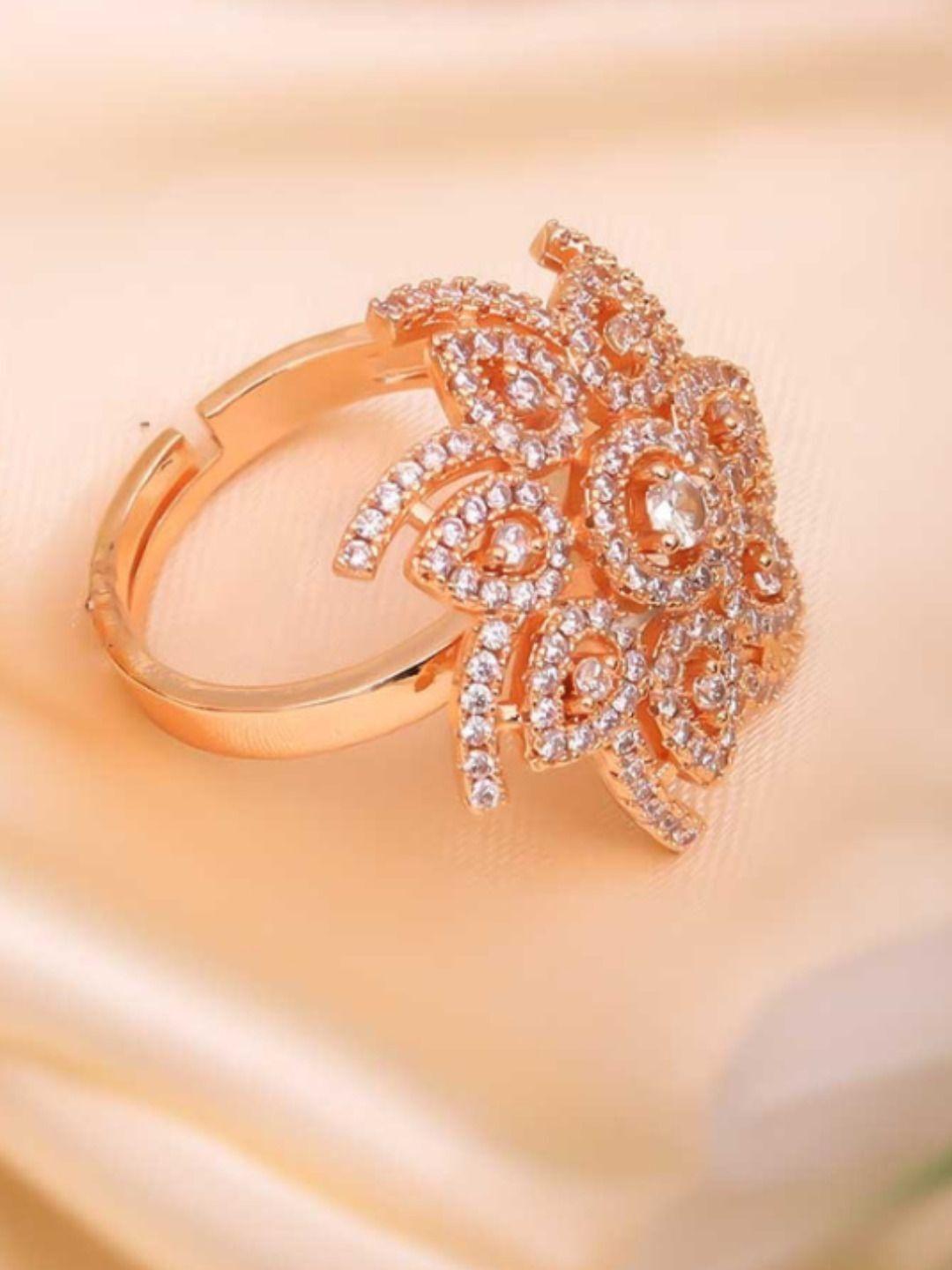 Forevershine Rose Gold Plated Floral Cubic Zirconia Adjustable Finger Ring For Women And Girls | Sparkling American Diamond Studded Statement Ring | Occasion & Party Jewelry