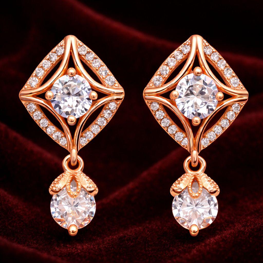 Forevershine Rose Gold Plated Cubic Zirconia Geometric Frame Earrings For Women | Elegant Crystal Dangle Designer Statement Earrings For Party, Wedding, Anniversary, Evening Event Fashion Modern - Image 3