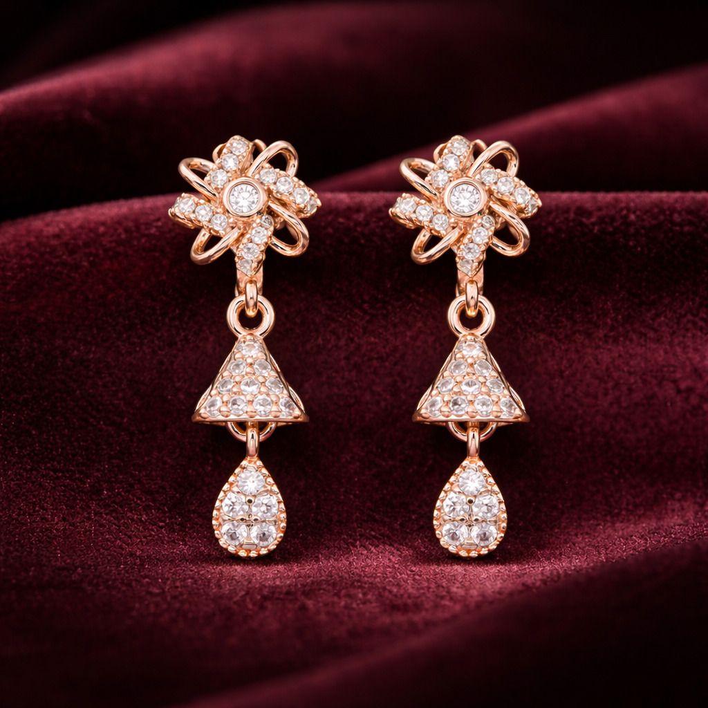 Forevershine Rose Gold Plated Cubic Zirconia Cz Studded Drop Earrings For Women | Floral Bali Style Small Hoop With Teardrop Dangle | Lightweight Party & Daily Elegant Jewellery