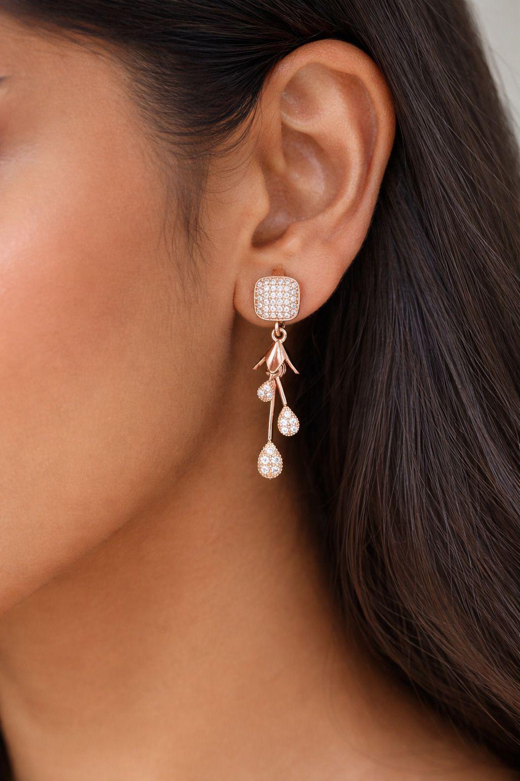 Forevershine Rose Gold Plated Cubic Zirconia Floral Drop Dangle Earrings | Women Elegant Multi Teardrop Designer Statement Earrings | Party Wedding Anniversary Stylish Floral Hanging Earrings - Image 2