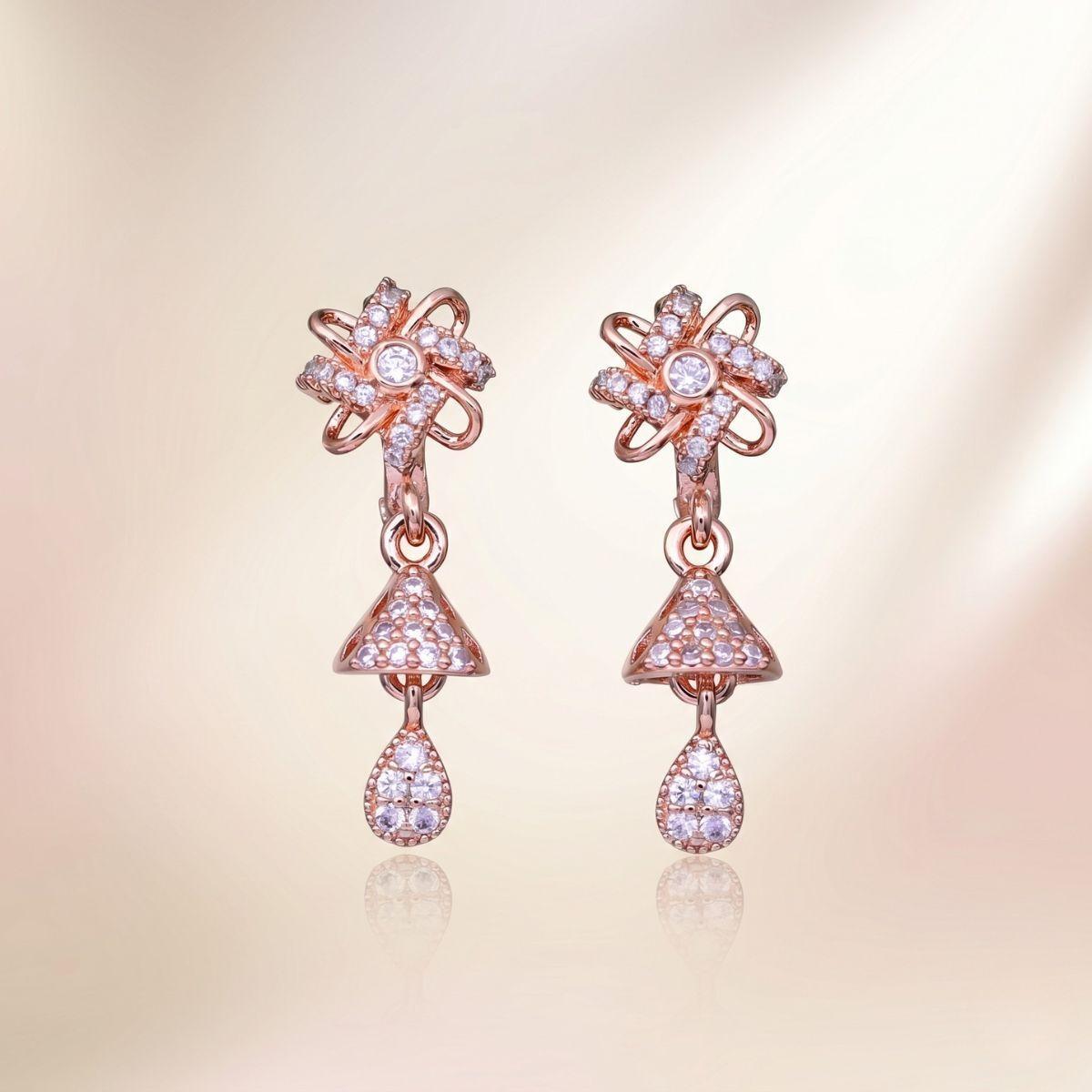 Forevershine Rose Gold Plated Cubic Zirconia Cz Studded Drop Earrings For Women | Floral Bali Style Small Hoop With Teardrop Dangle | Lightweight Party & Daily Elegant Jewellery - Image 4