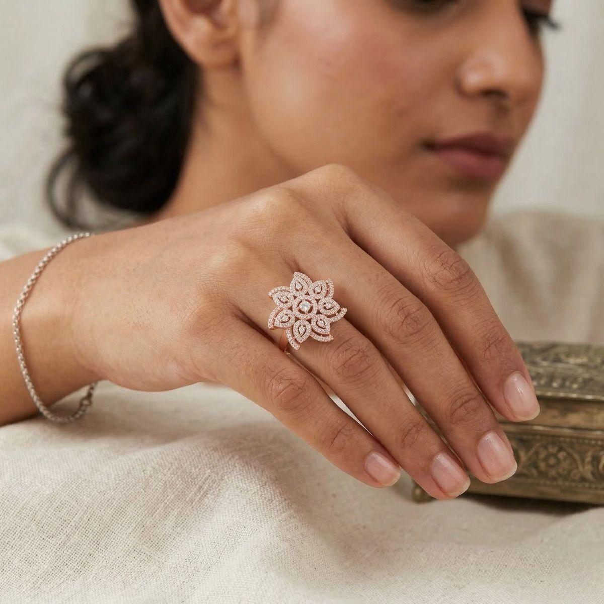 Forevershine Rose Gold Plated Floral Cubic Zirconia Adjustable Finger Ring For Women And Girls | Sparkling American Diamond Studded Statement Ring | Occasion & Party Jewelry - Image 3