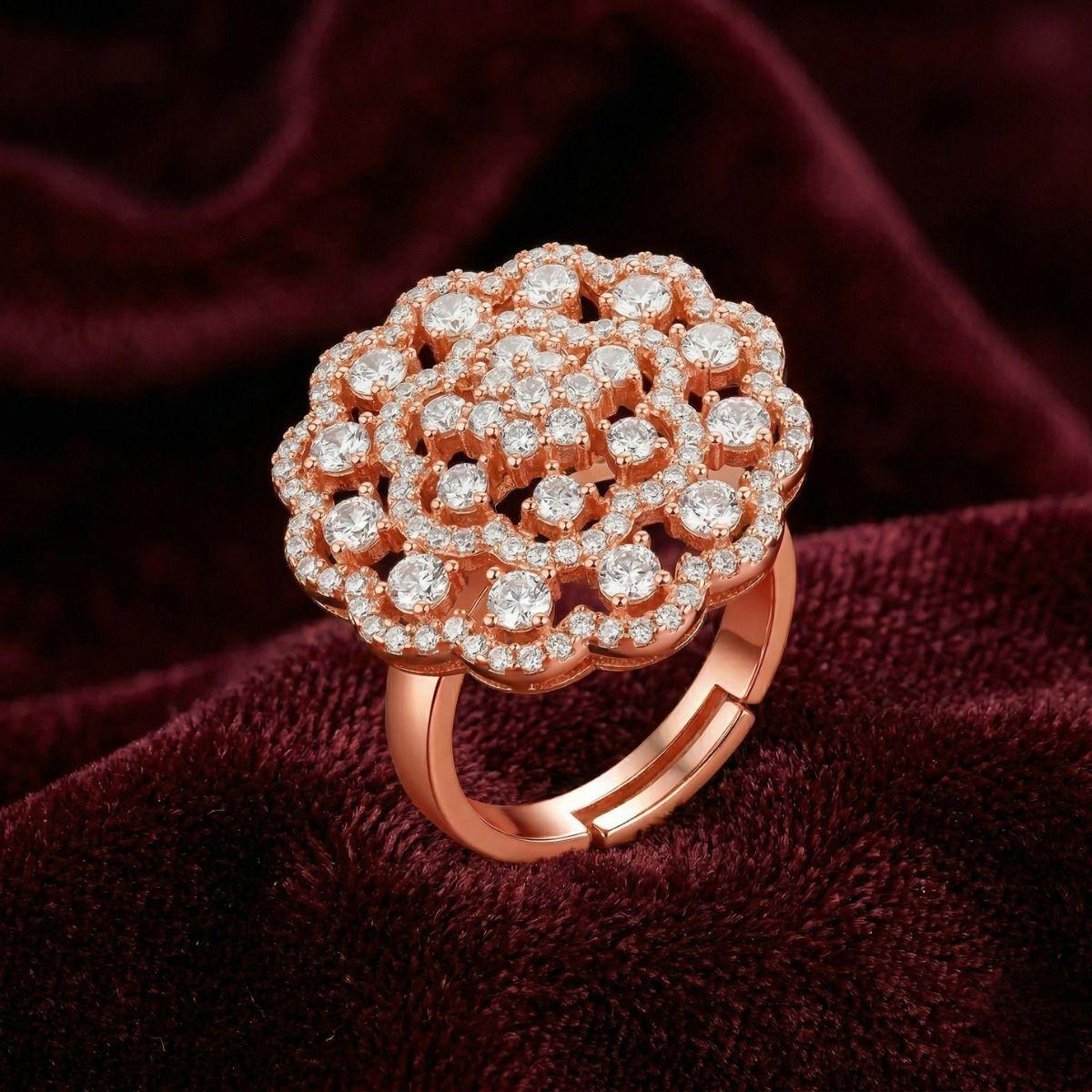 Forevershine Rose Gold Plated Round Mandala Cubic Zirconia Adjustable Finger Ring For Women | Sparkling American Diamond Studded Big Cocktail Ring | Ethnic & Party Jewelry For Girls - Image 2