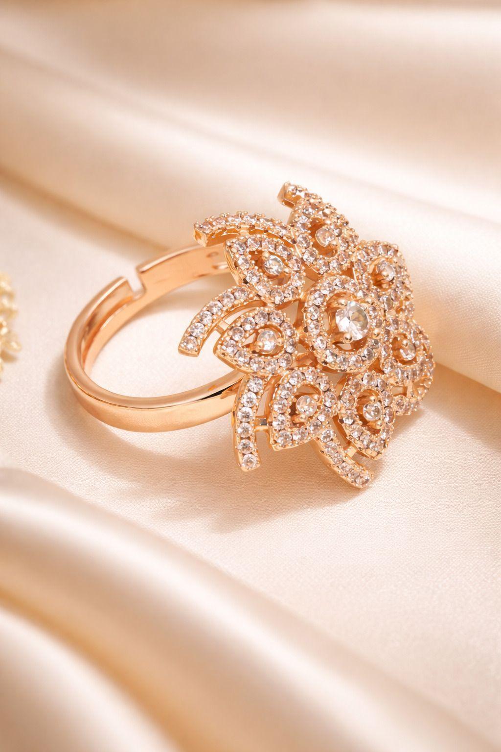 Forevershine Rose Gold Plated Floral Cubic Zirconia Adjustable Finger Ring For Women And Girls | Sparkling American Diamond Studded Statement Ring | Occasion & Party Jewelry - Image 4