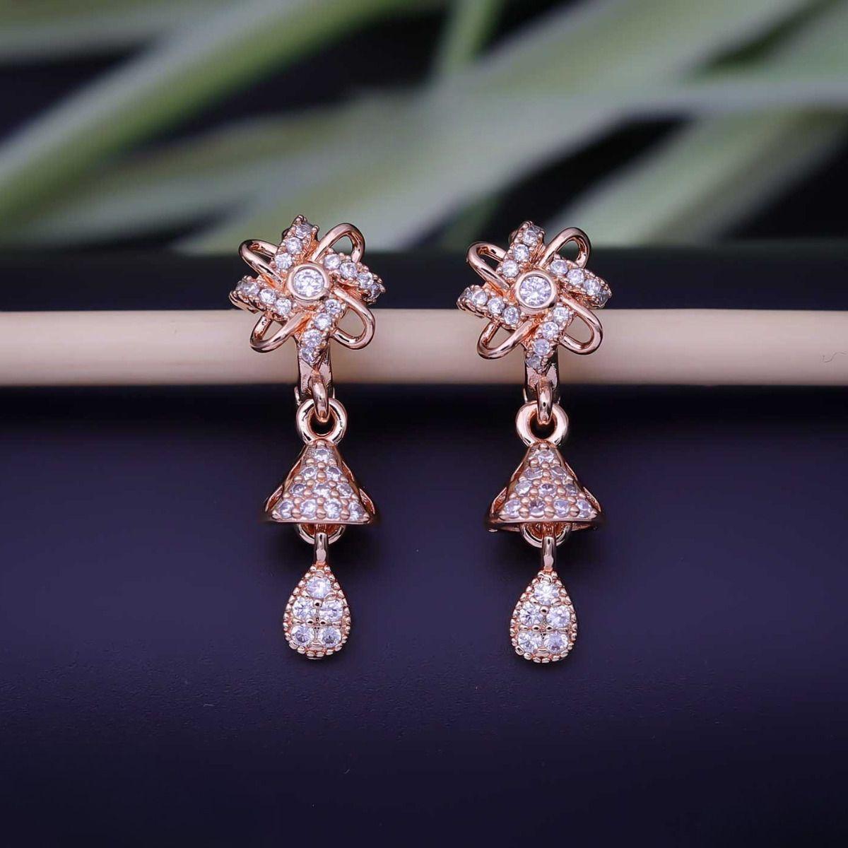 Forevershine Rose Gold Plated Cubic Zirconia Cz Studded Drop Earrings For Women | Floral Bali Style Small Hoop With Teardrop Dangle | Lightweight Party & Daily Elegant Jewellery - Image 2