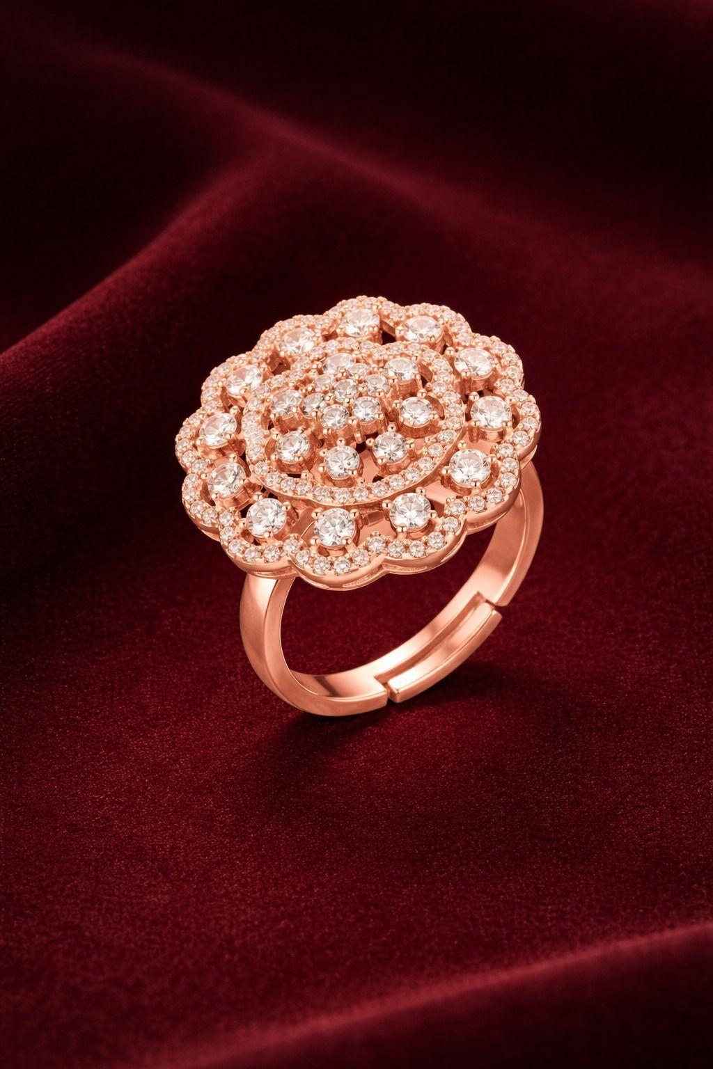 Forevershine Rose Gold Plated Round Mandala Cubic Zirconia Adjustable Finger Ring For Women | Sparkling American Diamond Studded Big Cocktail Ring | Ethnic & Party Jewelry For Girls - Image 4