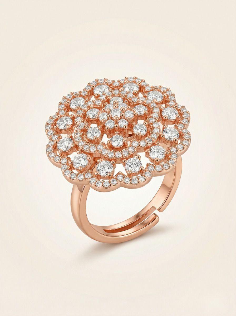 Forevershine Rose Gold Plated Round Mandala Cubic Zirconia Adjustable Finger Ring For Women | Sparkling American Diamond Studded Big Cocktail Ring | Ethnic & Party Jewelry For Girls