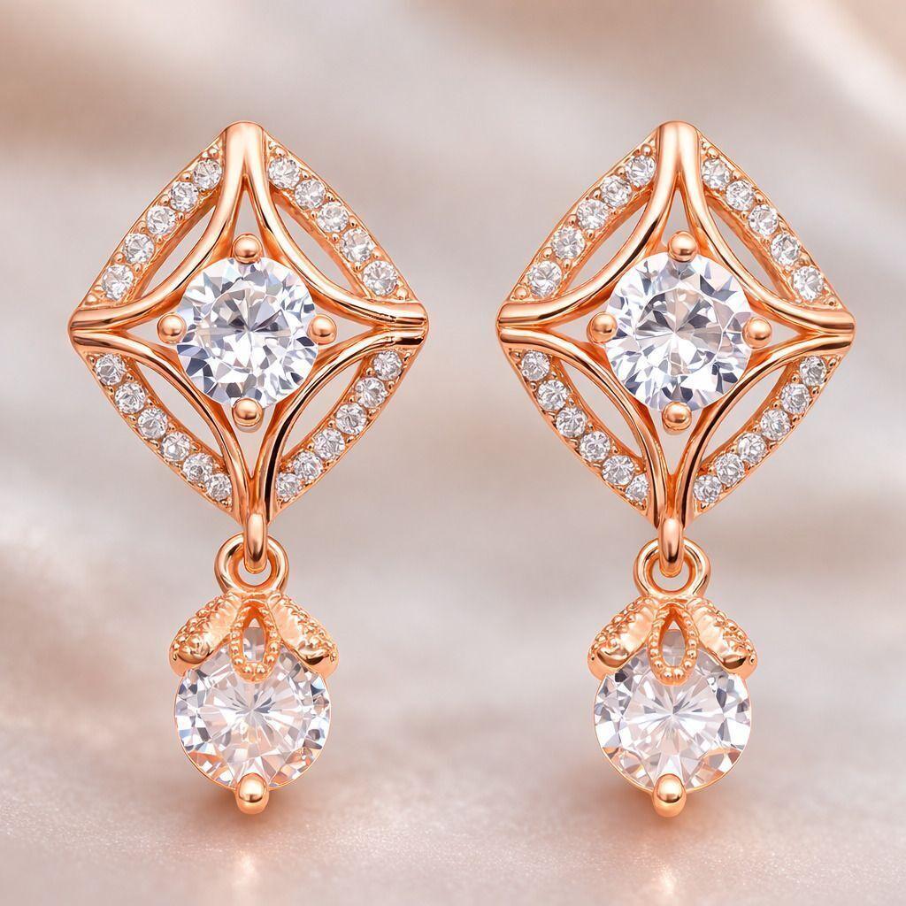 Forevershine Rose Gold Plated Cubic Zirconia Geometric Frame Earrings For Women | Elegant Crystal Dangle Designer Statement Earrings For Party, Wedding, Anniversary, Evening Event Fashion Modern