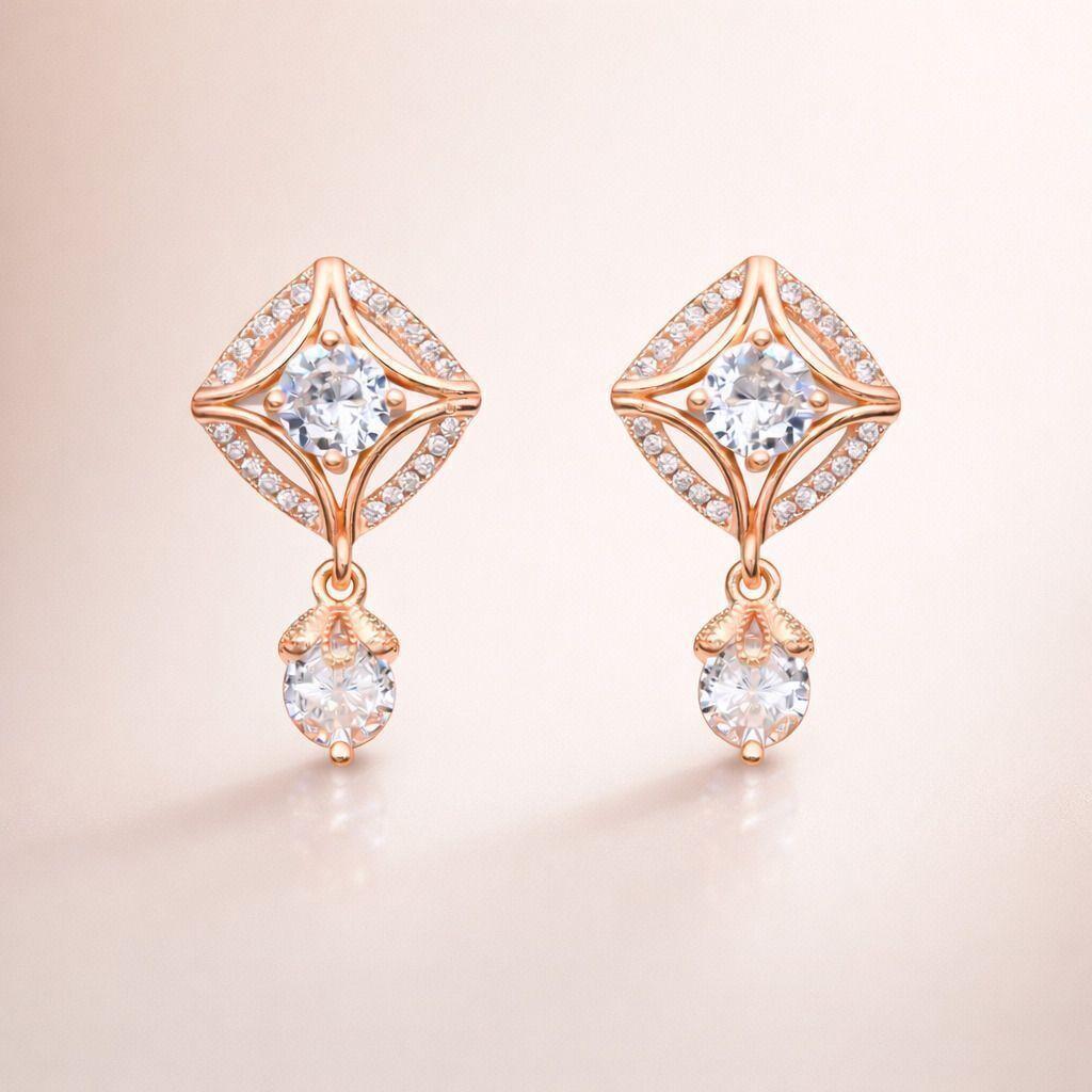 Forevershine Rose Gold Plated Cubic Zirconia Geometric Frame Earrings For Women | Elegant Crystal Dangle Designer Statement Earrings For Party, Wedding, Anniversary, Evening Event Fashion Modern - Image 4