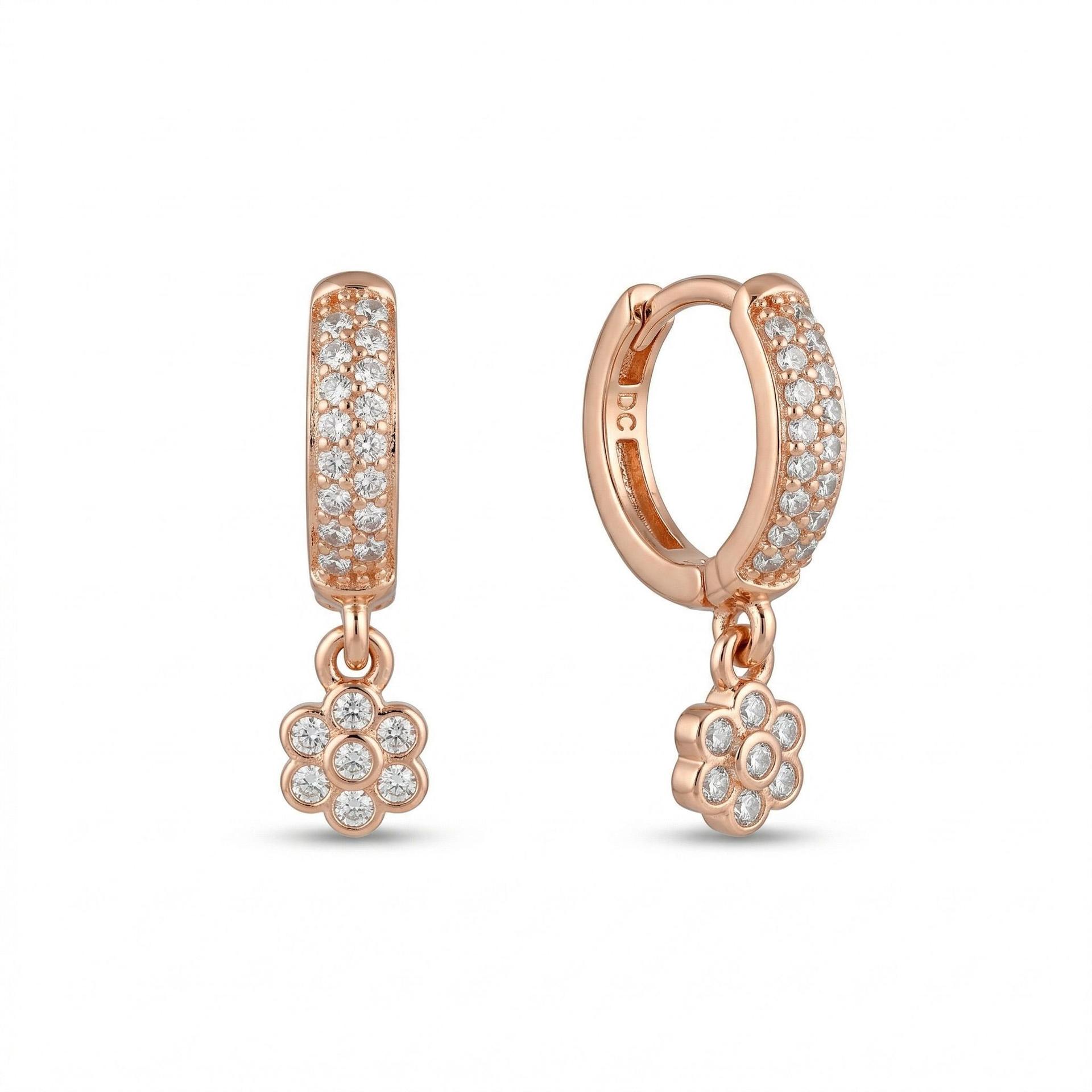 Forevershine Rose Gold Cz Hoop Earrings, Three Stone Bezel Set, Cubic Zirconia, Huggie Style, Premium Jewelry - Image 2