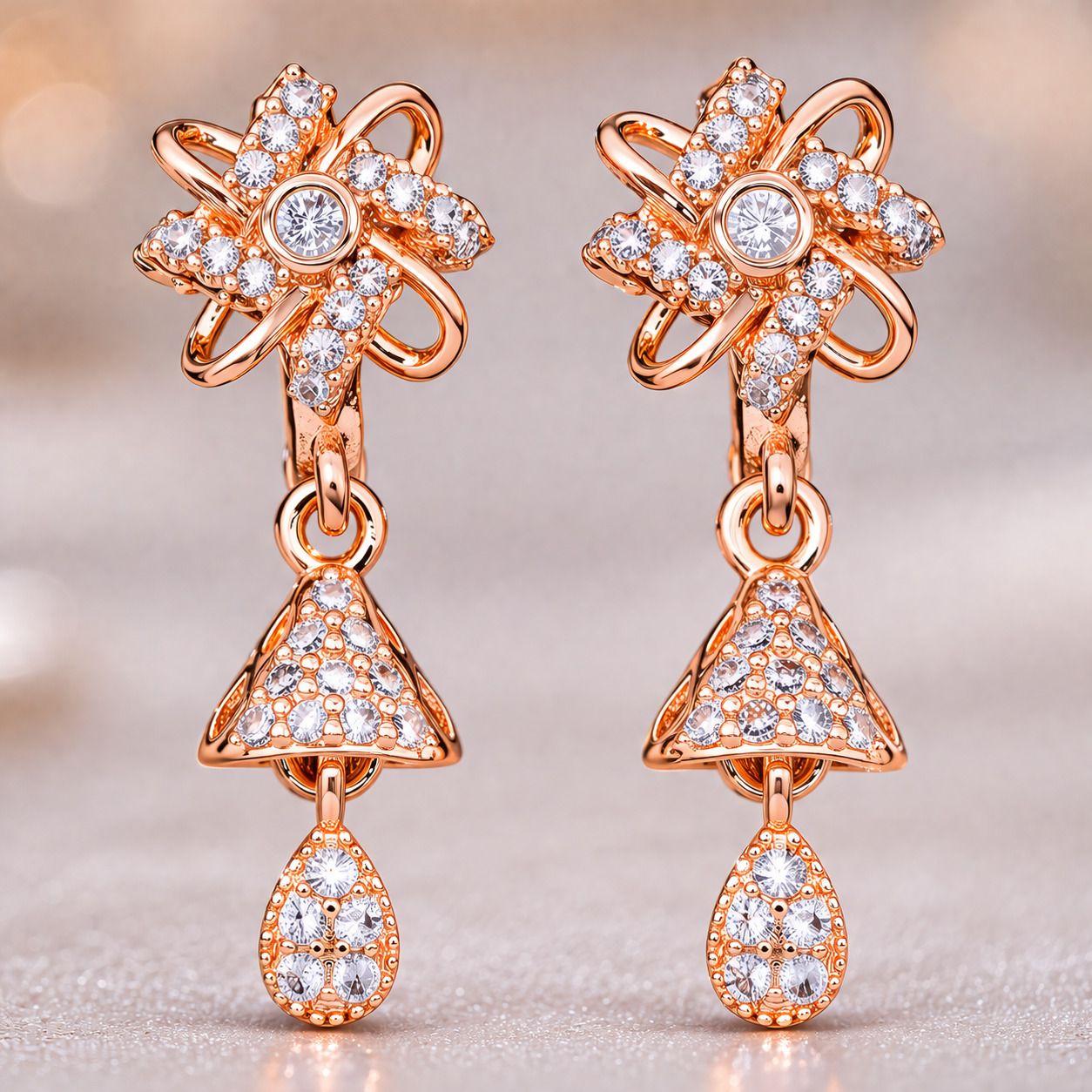 Forevershine Rose Gold Plated Cubic Zirconia Cz Studded Drop Earrings For Women | Floral Bali Style Small Hoop With Teardrop Dangle | Lightweight Party & Daily Elegant Jewellery - Image 5