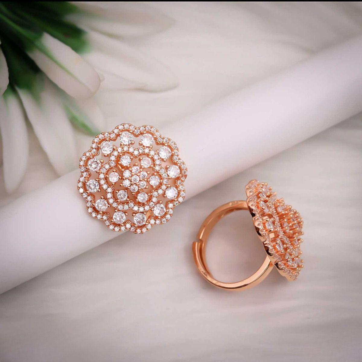 Forevershine Rose Gold Plated Round Mandala Cubic Zirconia Adjustable Finger Ring For Women | Sparkling American Diamond Studded Big Cocktail Ring | Ethnic & Party Jewelry For Girls - Image 3