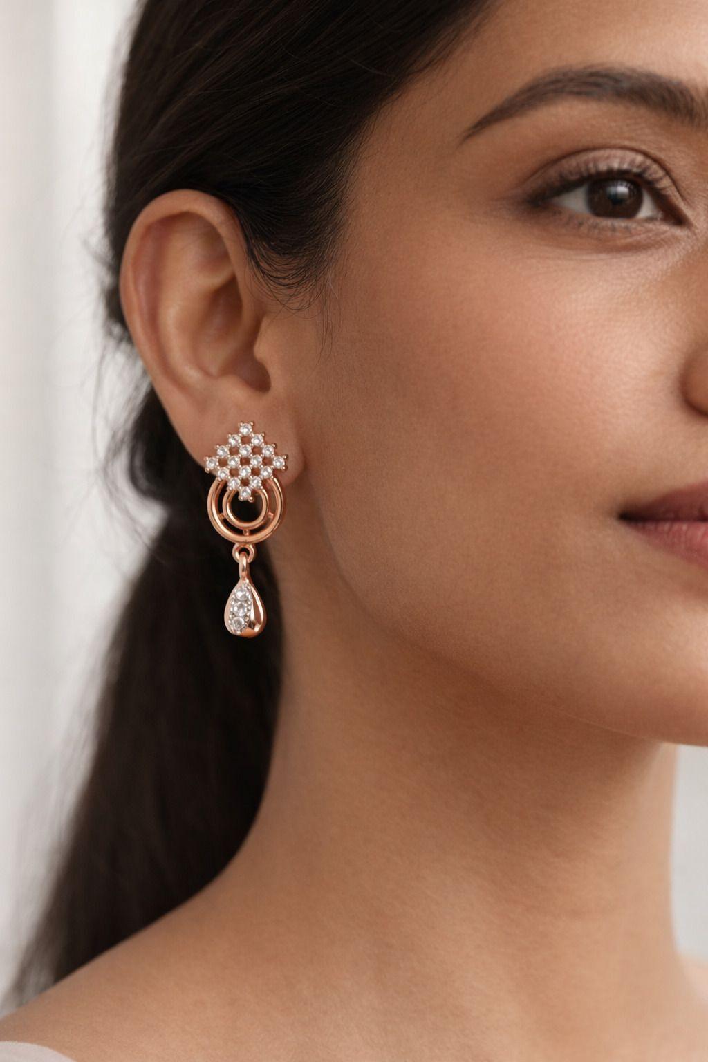 Forevershine Dual Tone Rose Gold Cz Drop Earrings For Women | Cubic Zirconia Studded Dangle Earrings With Teardrop Charm | Designer Party Lightweight Earrings - Image 2