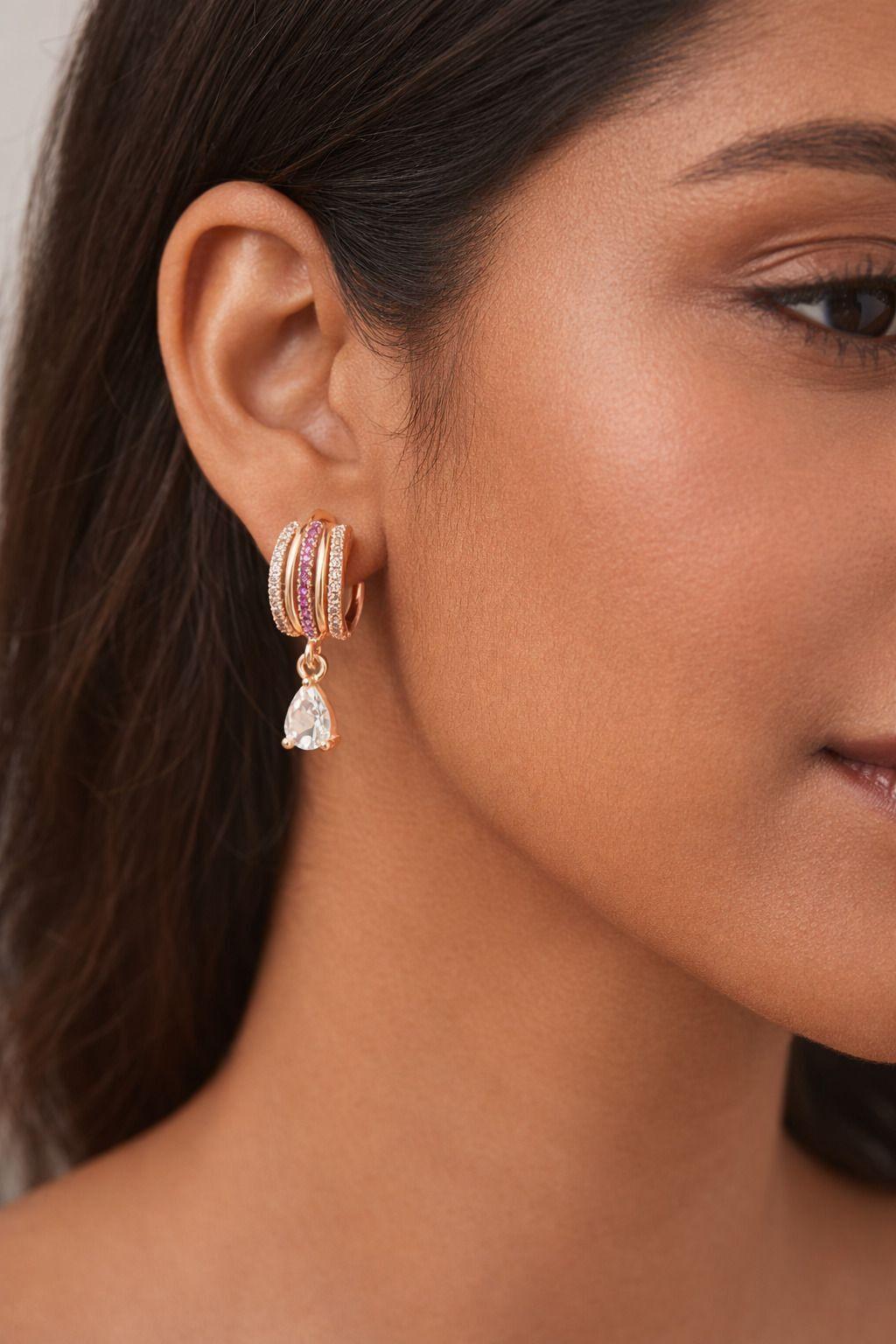 Forevershine Rose Gold Plated Cz Studded Teardrop Dangle Drop Earrings For Women | Cubic Zirconia Designer Party Earrings - Image 2