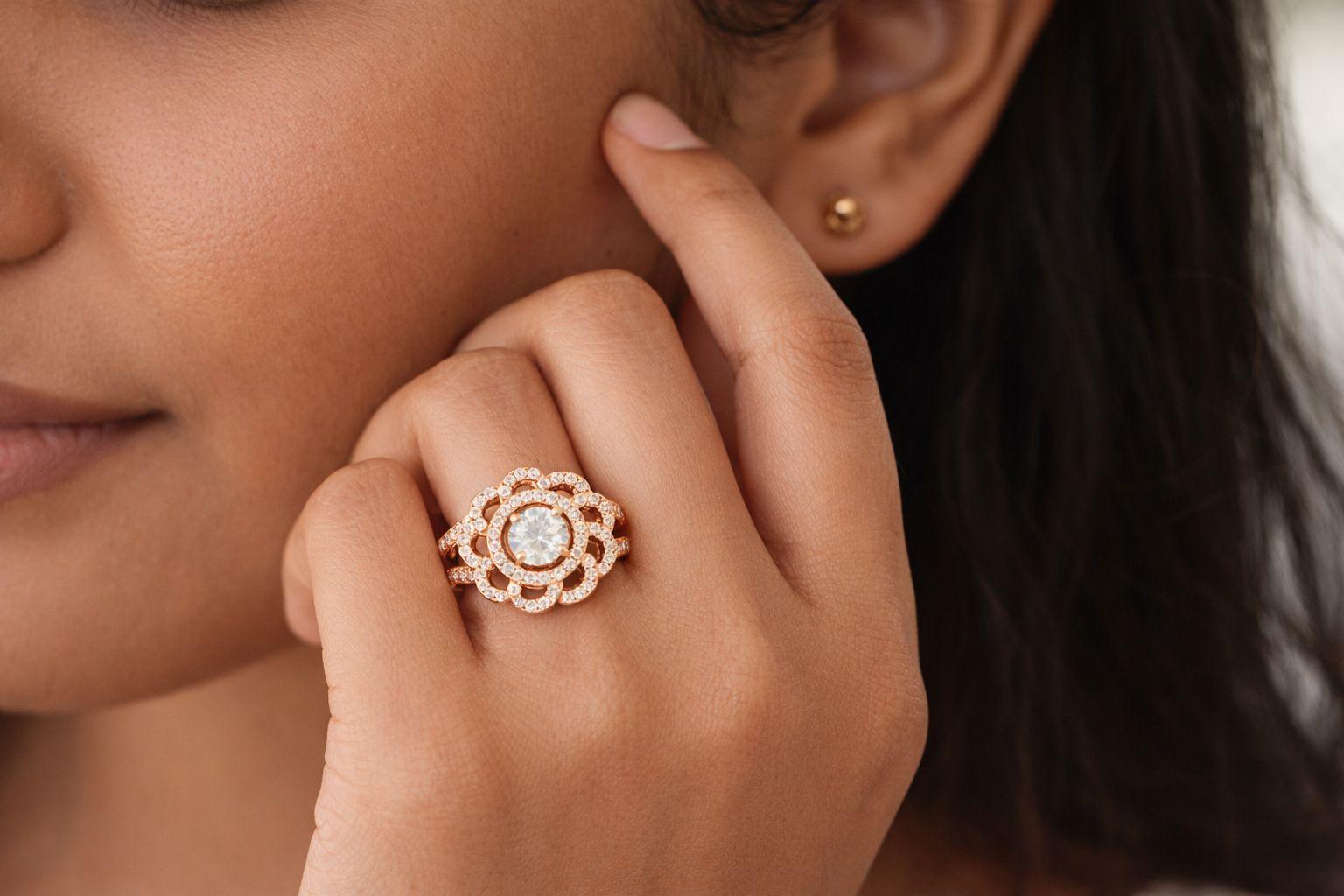Forevershine Premium Rose Gold Plated Adjustable Finger Ring For Women | Cubic Zirconia Studded Floral Halo Design | Elegant Statement Party Ring - Image 2