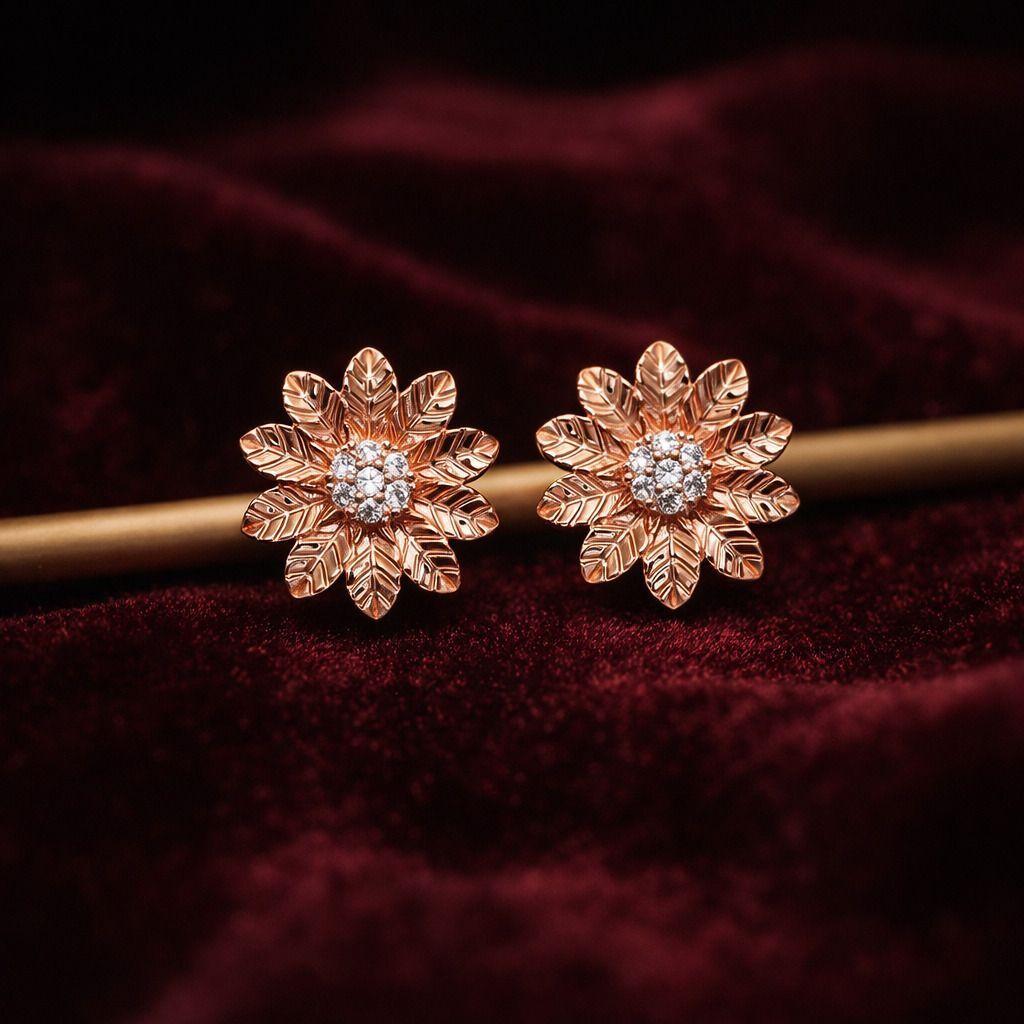Forevershine Rose Gold Floral Stud Earrings For Women | Cz Cubic Zirconia Stone Studded Earrings | Designer Flower Shape Party & Daily Wear - Image 3