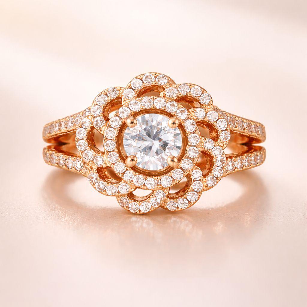 Forevershine Premium Rose Gold Plated Adjustable Finger Ring For Women | Cubic Zirconia Studded Floral Halo Design | Elegant Statement Party Ring