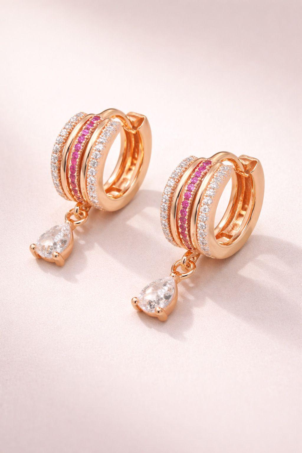 Forevershine Rose Gold Plated Cz Studded Teardrop Dangle Drop Earrings For Women | Cubic Zirconia Designer Party Earrings