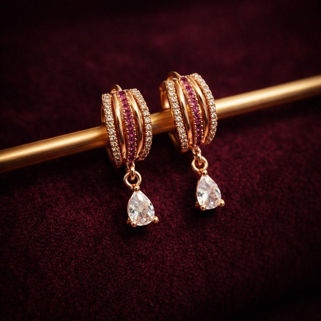 Forevershine Rose Gold Plated Cz Studded Teardrop Dangle Drop Earrings For Women | Cubic Zirconia Designer Party Earrings - Image 3