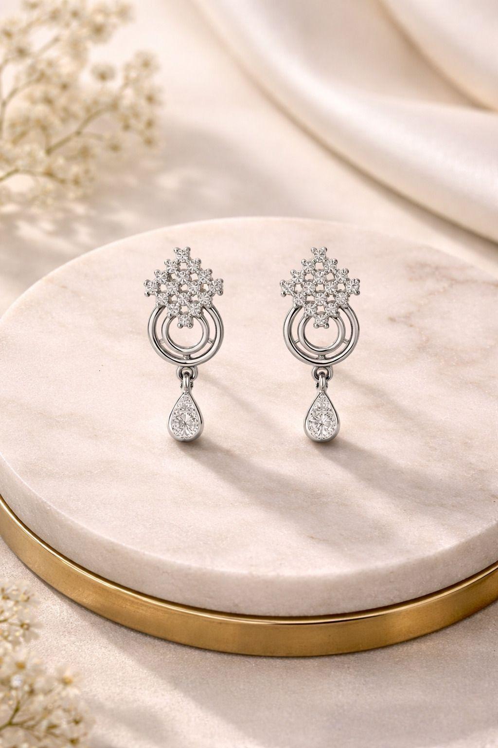 Forevershine Rhodium Plated Cz Drop Earrings For Women | Cubic Zirconia Studded Dangle Earrings With Teardrop Charm | Designer Party Lightweight Earrings