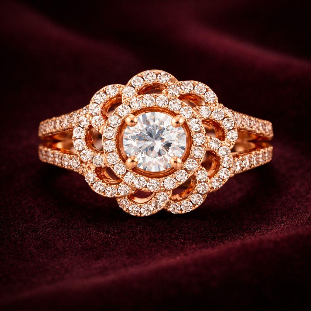 Forevershine Premium Rose Gold Plated Adjustable Finger Ring For Women | Cubic Zirconia Studded Floral Halo Design | Elegant Statement Party Ring - Image 3