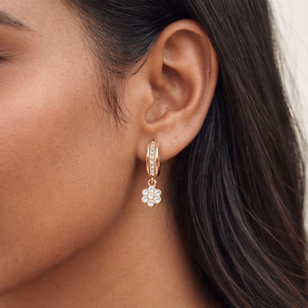 Forevershine Rose Gold Plated Cz Studded Bali Hoop Earrings For Women | Small Hoop With Floral Charm | Cubic Zirconia Stone Fashion Jewellery | Lightweight Earrings - Image 2