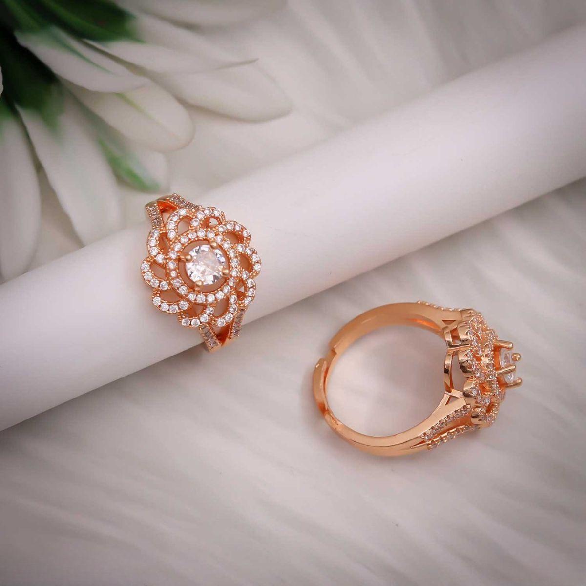 Forevershine Premium Rose Gold Plated Adjustable Finger Ring For Women | Cubic Zirconia Studded Floral Halo Design | Elegant Statement Party Ring - Image 4