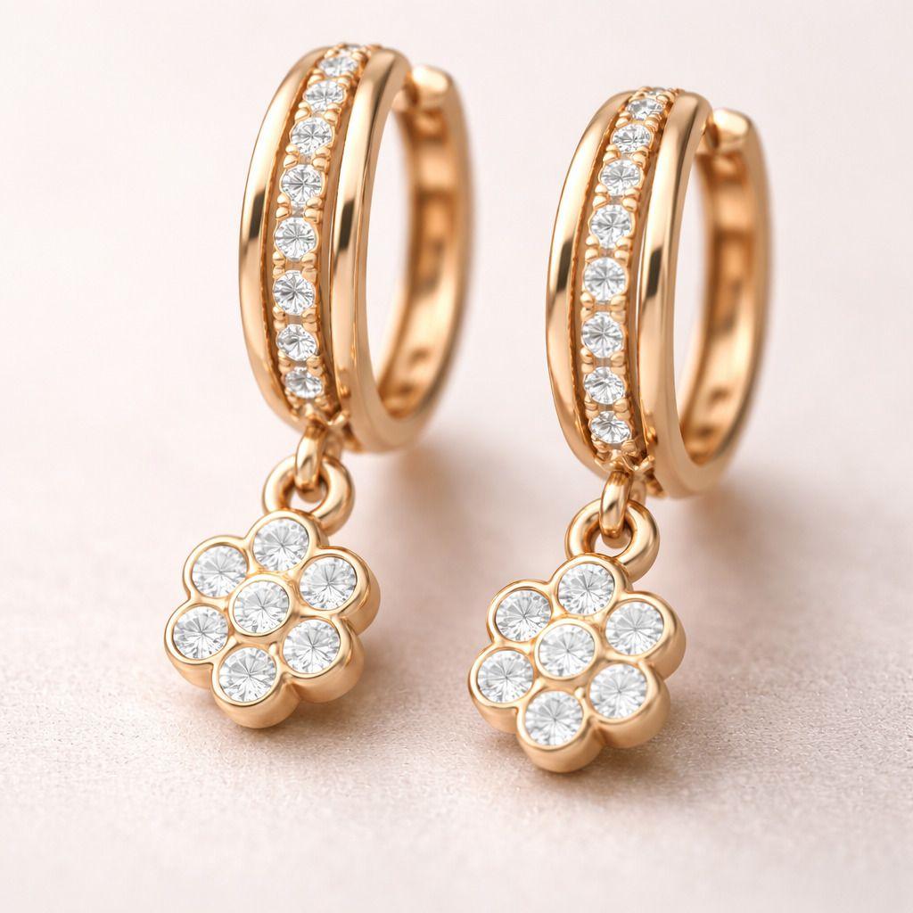 Forevershine Rose Gold Plated Cz Studded Bali Hoop Earrings For Women | Small Hoop With Floral Charm | Cubic Zirconia Stone Fashion Jewellery | Lightweight Earrings