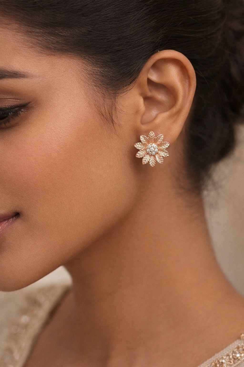 Forevershine Rose Gold Floral Stud Earrings For Women | Cz Cubic Zirconia Stone Studded Earrings | Designer Flower Shape Party & Daily Wear - Image 2