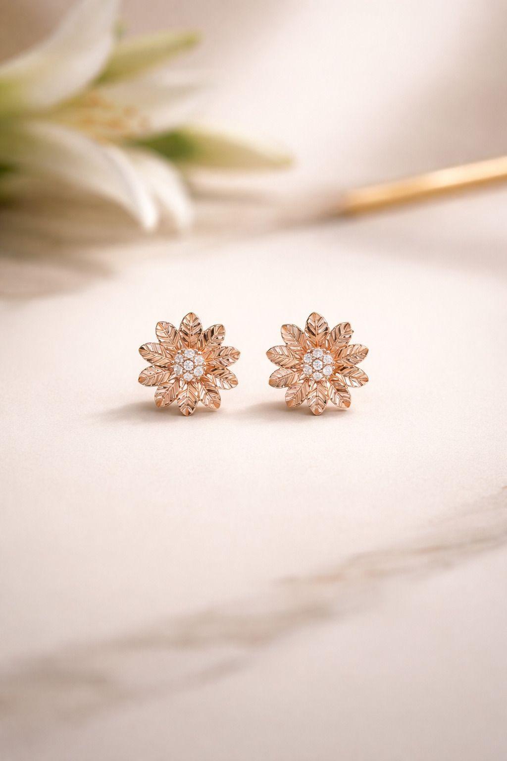 Forevershine Rose Gold Floral Stud Earrings For Women | Cz Cubic Zirconia Stone Studded Earrings | Designer Flower Shape Party & Daily Wear