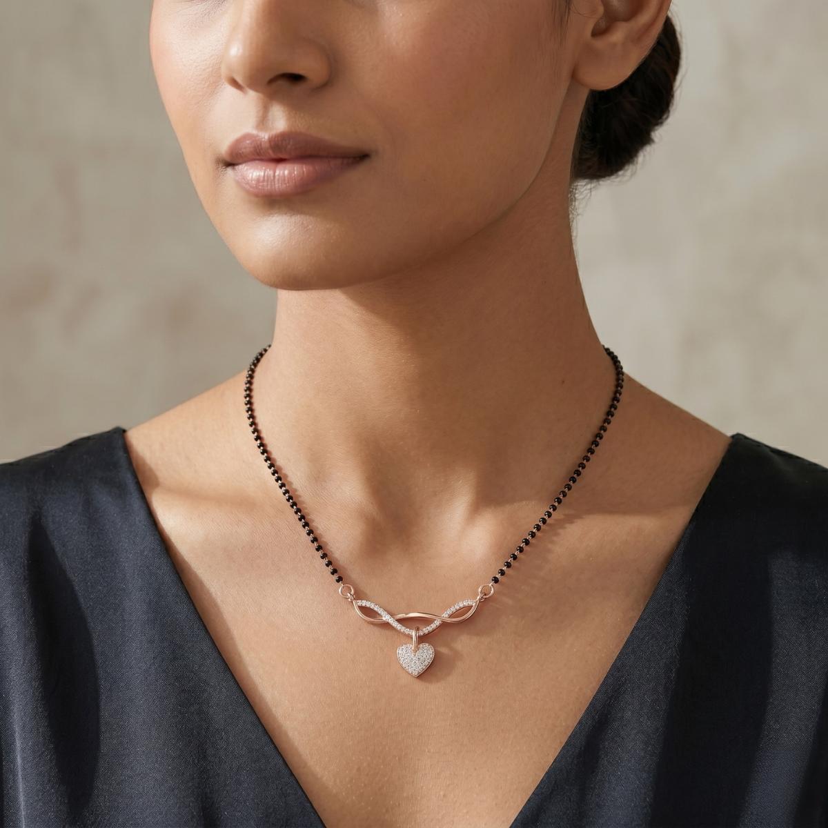 Forevershine Elegant Rose Gold Plated Infinity Curve Mangalsutra With Shimmering Pave-Set Cubic Zirconia Cz Stones And Heart Drop Dangler For Women, Alloy Metal, Polished Finish - Image 4