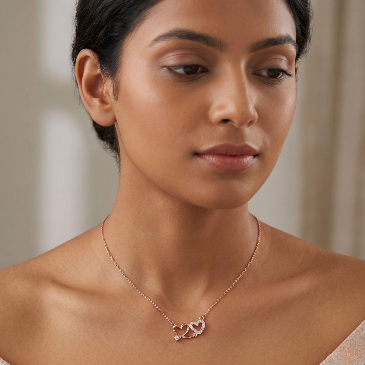 Forevershine Rose Gold Plated Interlocking Double Heart Pendant Necklace For Women | Sparkling Cubic Zirconia Cupid’s Arrow Heart Necklace | Romantic Jewelry Gift For Wife, Girlfriend & Mother - Image 2
