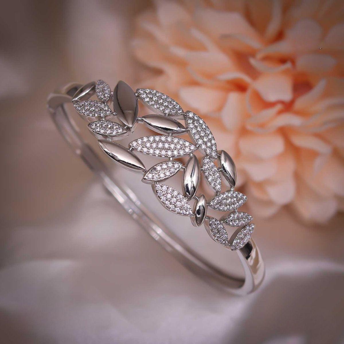 Forevershine Rhodium Plated Cubic Zirconia Leaf Motif Openable Bangle Bracelet For Women | Sparkling Cz Studded Floral Kada | Elegant Marquise Leaf Statement Bangle For Weddings & Parties - Image 3