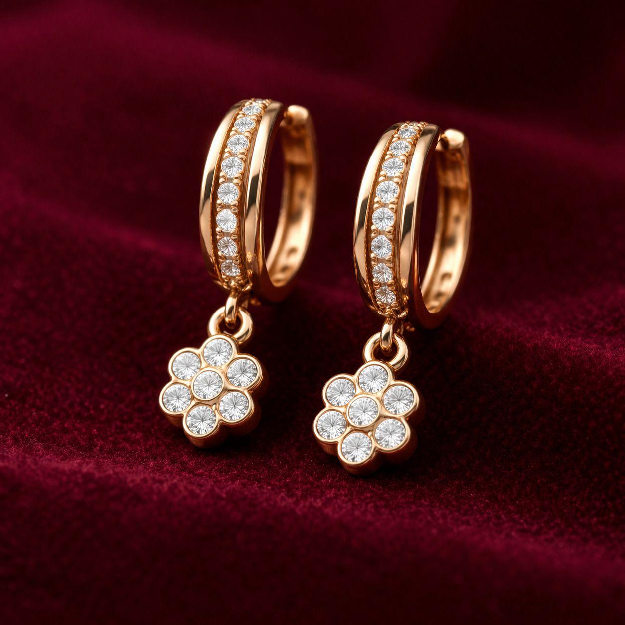 Forevershine Rose Gold Plated Cz Studded Bali Hoop Earrings For Women | Small Hoop With Floral Charm | Cubic Zirconia Stone Fashion Jewellery | Lightweight Earrings - Image 3