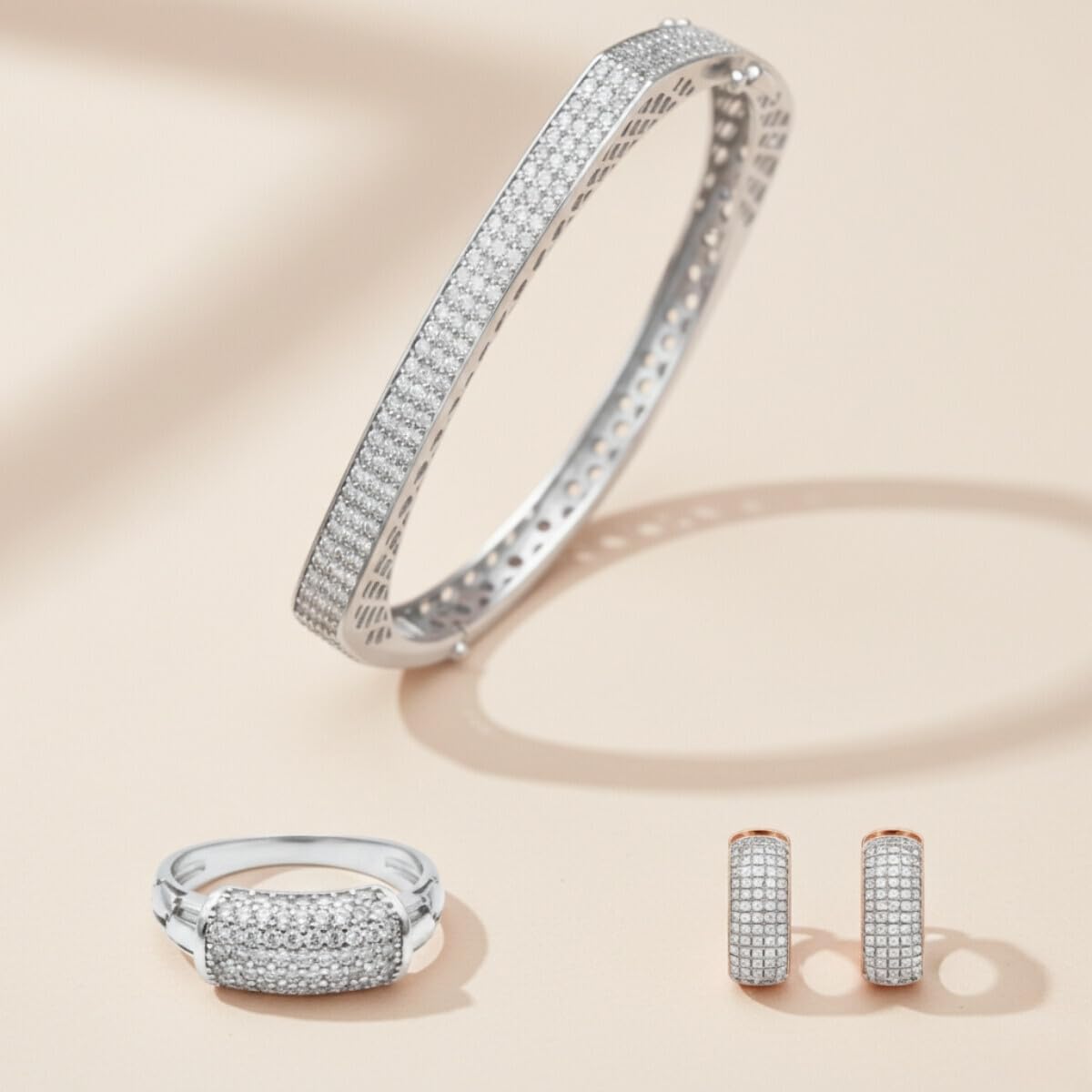 Forevershine Rhodium Plated Cz Bracelet Kada Ring Earrings Set For Women | Adjustable Finger Ring Small Hoop Earrings | Party Wedding Jewellery Combo