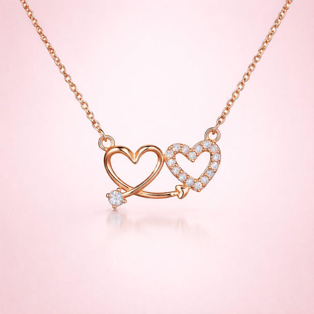 Forevershine Rose Gold Plated Interlocking Double Heart Pendant Necklace For Women | Sparkling Cubic Zirconia Cupid’s Arrow Heart Necklace | Romantic Jewelry Gift For Wife, Girlfriend & Mother