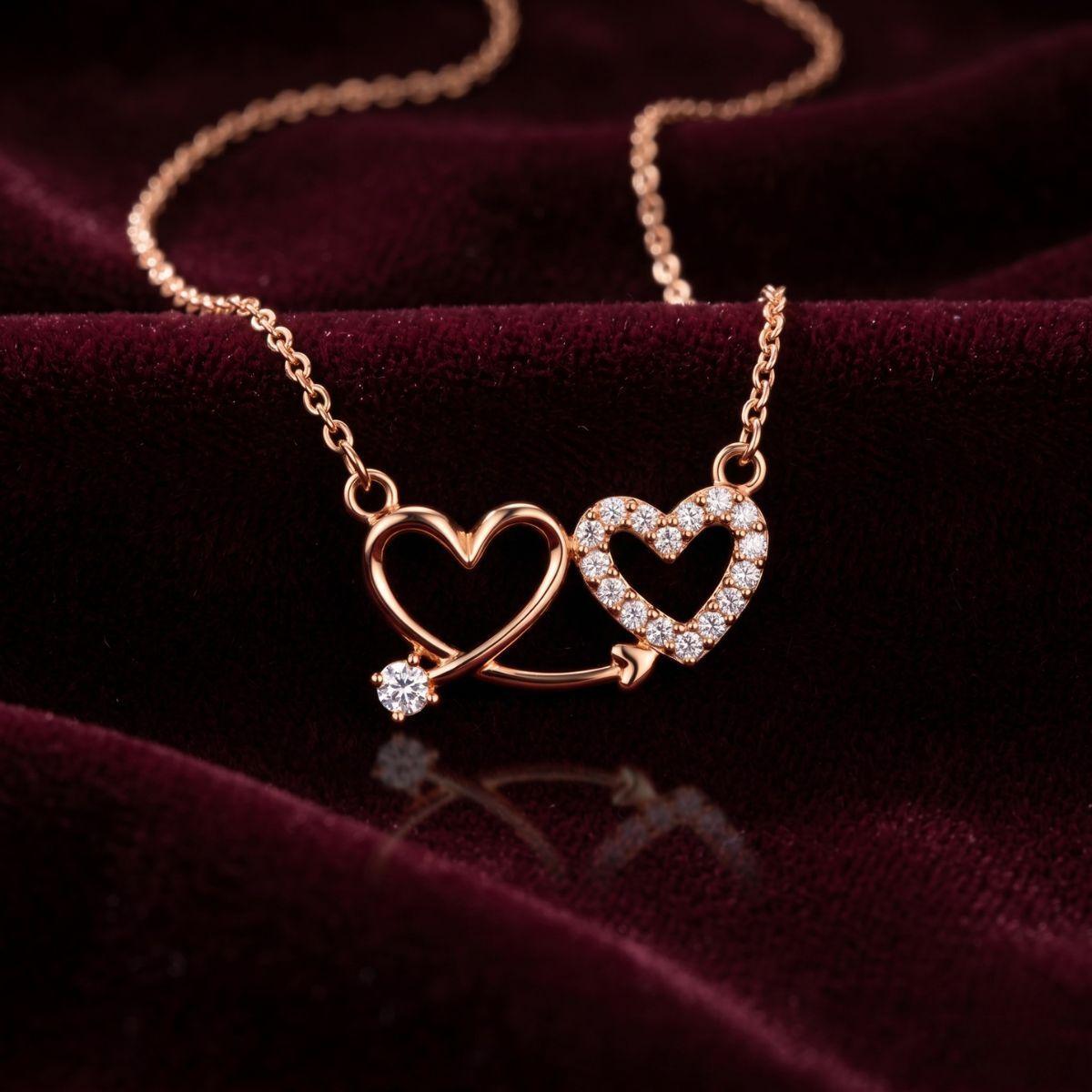 Forevershine Rose Gold Plated Interlocking Double Heart Pendant Necklace For Women | Sparkling Cubic Zirconia Cupid’s Arrow Heart Necklace | Romantic Jewelry Gift For Wife, Girlfriend & Mother - Image 3