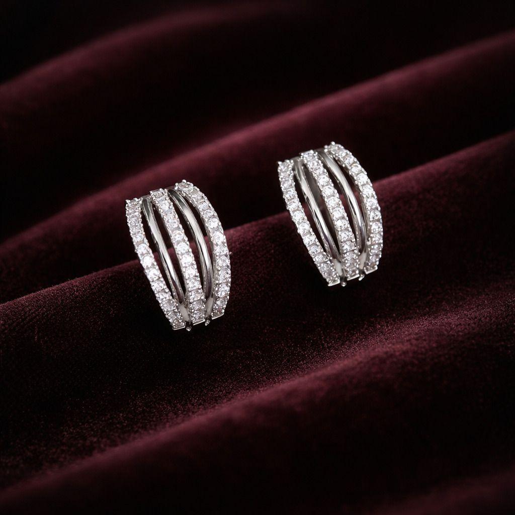 Forevershine Silver Toned 3-Row Cubic Zirconia Huggie Hoop Earrings For Women | Multi-Layer Brilliant Round Cut Cz Wide Small Hoops | Hypoallergenic Sparkly Statement Earrings Gift - Image 3