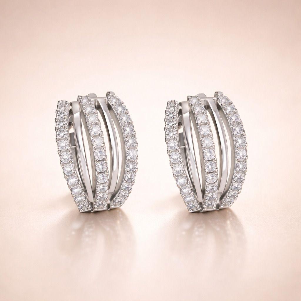 Forevershine Silver Toned 3-Row Cubic Zirconia Huggie Hoop Earrings For Women | Multi-Layer Brilliant Round Cut Cz Wide Small Hoops | Hypoallergenic Sparkly Statement Earrings Gift