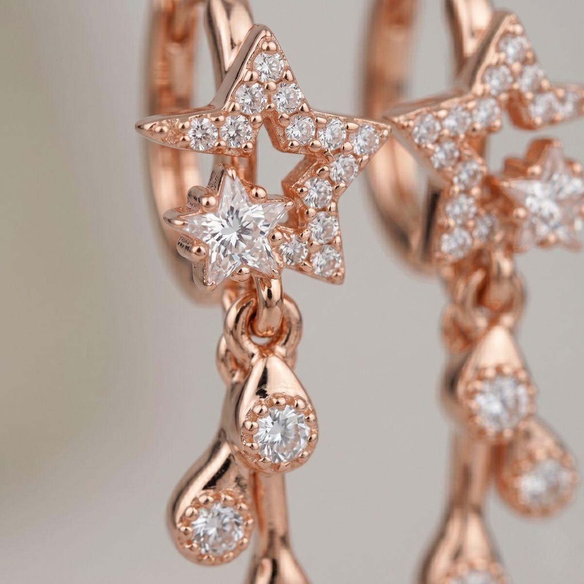 Forevershine 14k Rose Gold Plated Cubic Zirconia Star Dangle Huggie Hoop Earrings For Women And Girls | Sparkling Celestial Starburst Drop Earrings With Round Cz Accents | Hypoallergenic Jewelry Gift