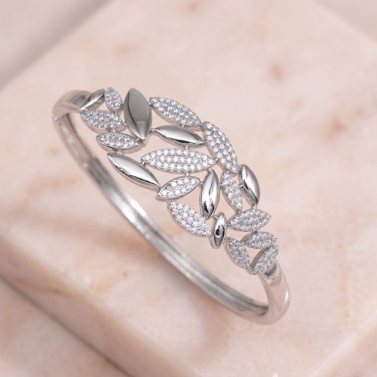 Forevershine Rhodium Plated Cubic Zirconia Leaf Motif Openable Bangle Bracelet For Women | Sparkling Cz Studded Floral Kada | Elegant Marquise Leaf Statement Bangle For Weddings & Parties