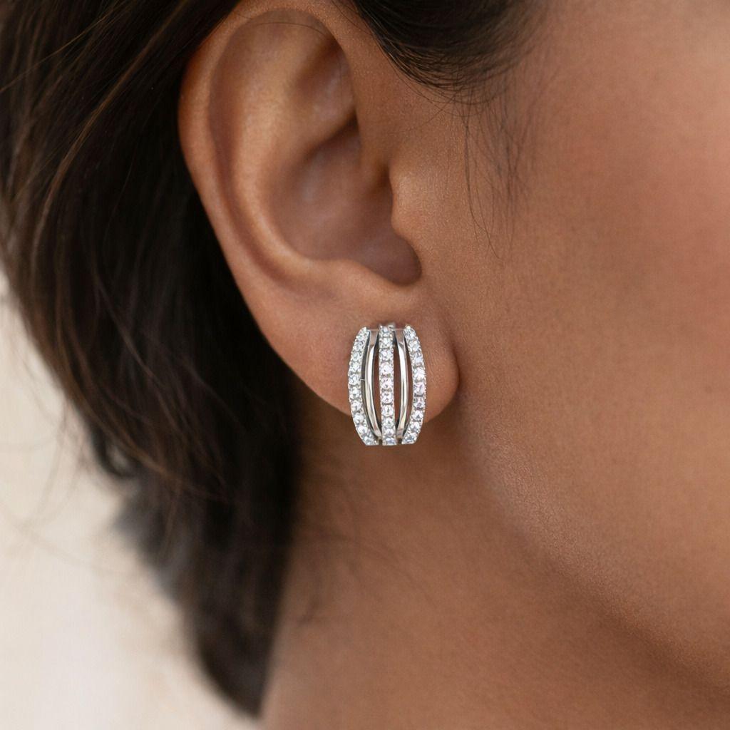 Forevershine Silver Toned 3-Row Cubic Zirconia Huggie Hoop Earrings For Women | Multi-Layer Brilliant Round Cut Cz Wide Small Hoops | Hypoallergenic Sparkly Statement Earrings Gift - Image 2