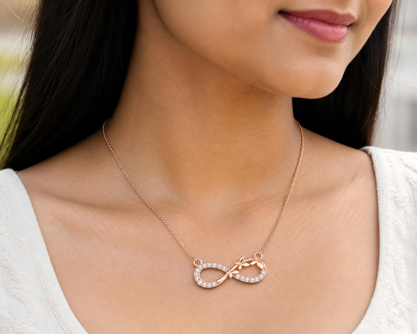 Forevershine Rose Gold Alloy American Diamond Cubic Zirconia Infinity Floral Modern Necklace Pendant For Women & Girls Fashion Jewellery, Party, Wedding Gift - Image 3