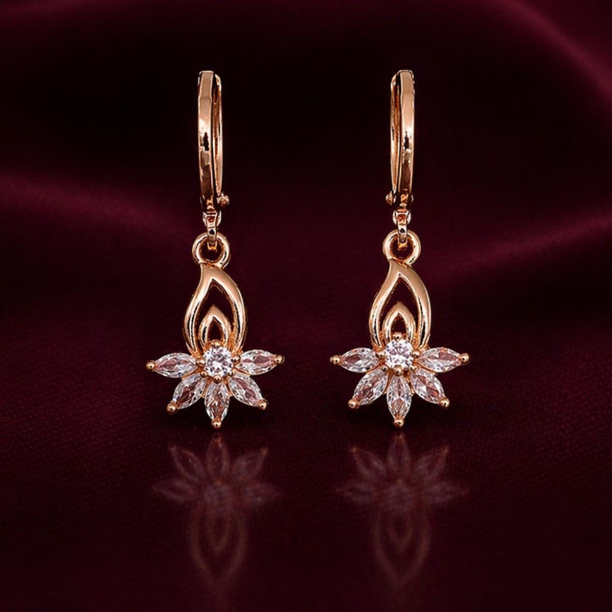 Forevershine Rose Gold Alloy American Diamond Cubic Zirconia Floral Minimal Lotus Hoop Earrings For Women & Girls Fashion Jewellery, Party, Wedding Gift