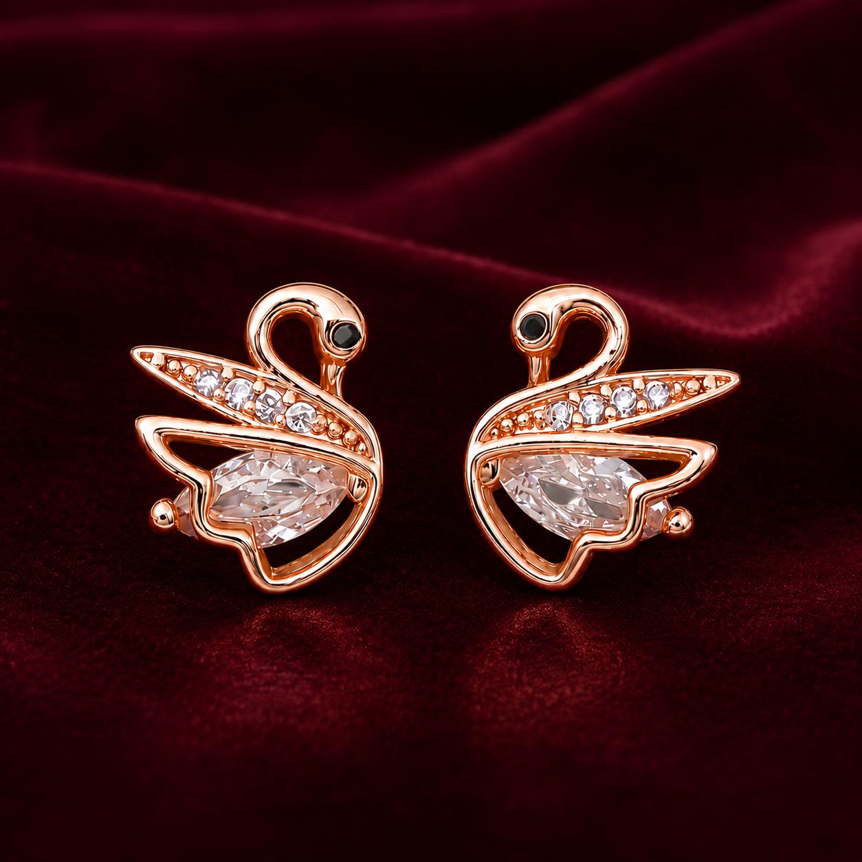 Forevershine Rose Gold & Black Alloy American Diamond Cubic Zirconia Swan Minimal Round Stud Earrings For Women & Girls Fashion Jewellery, Party, Wedding Gift