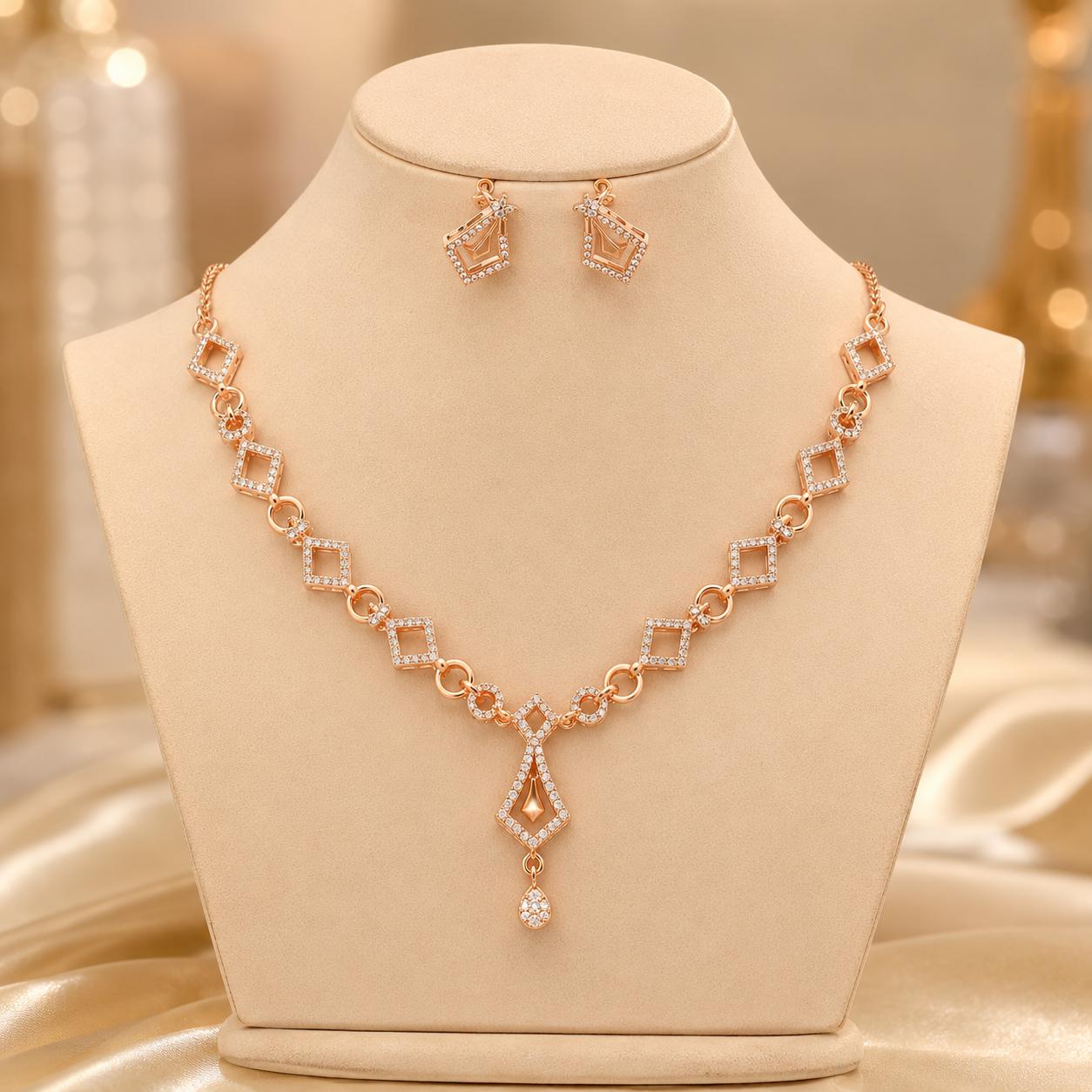 Forevershine Rose Gold Plated Necklace Set For Women With Cubic Zirconia Stones | Cz Diamond Design Jewellery Set With Earrings | Wedding Party Bridal Jewellery