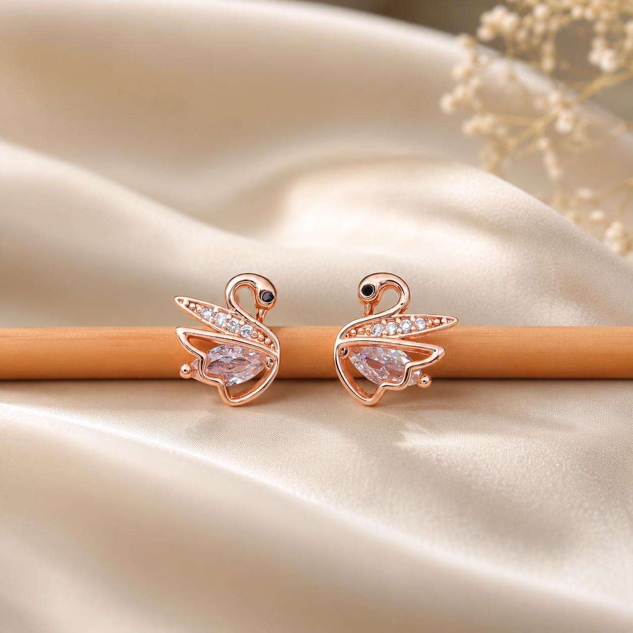 Forevershine Rose Gold & Black Alloy American Diamond Cubic Zirconia Swan Minimal Round Stud Earrings For Women & Girls Fashion Jewellery, Party, Wedding Gift - Image 3